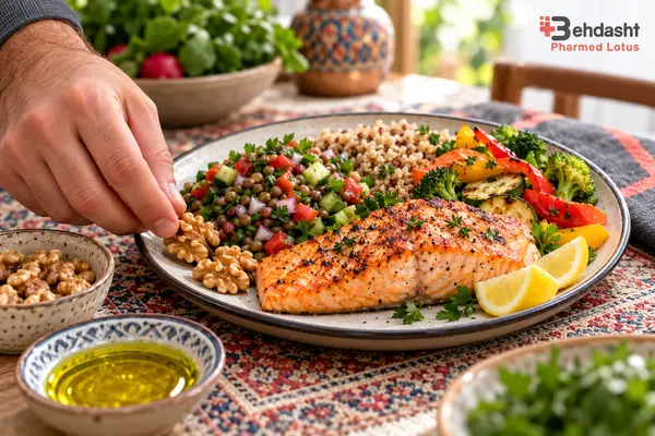 بشقاب سالم شامل ماهی سبزیجات حبوبات و گردو